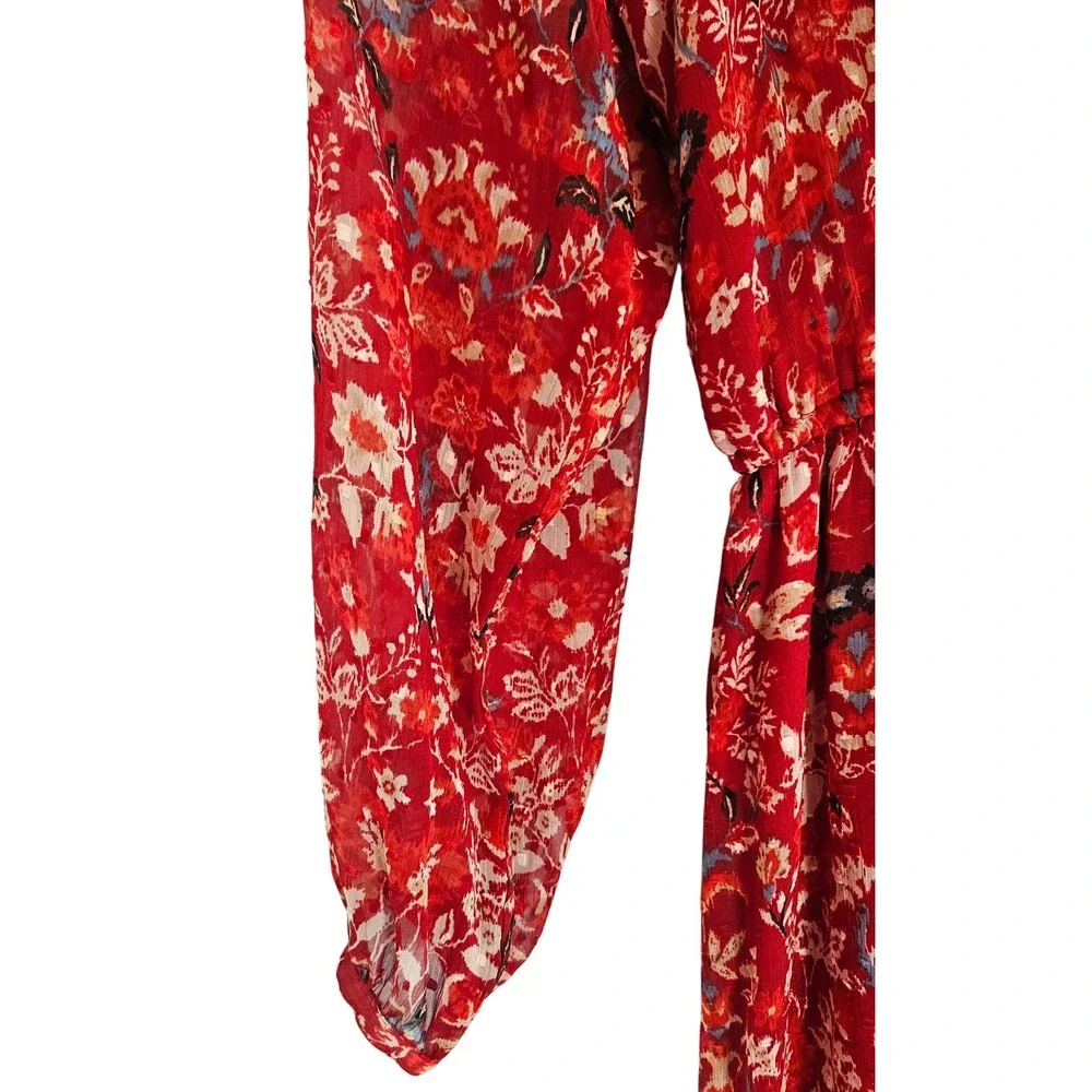 LOFT Red Floral Clip‎ Dot Tiered Midi Dress Long Sleeve Ruffle V-Neck Size M